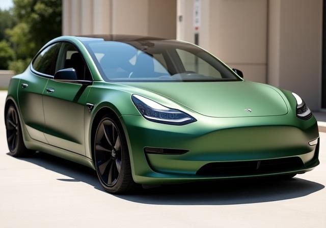 Tesla Model 3 with a matte army green vinyl wrap.