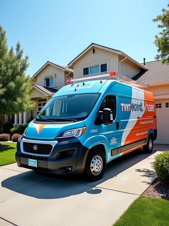 Tint World mobile service van parked in a residential driveway.