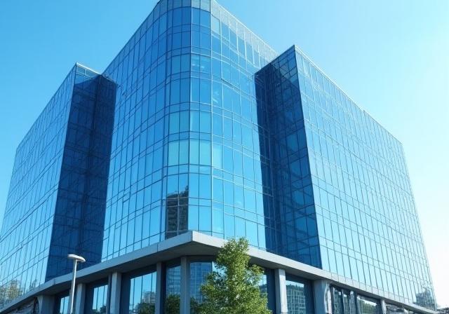 Modern office building with reflective solar control window film.